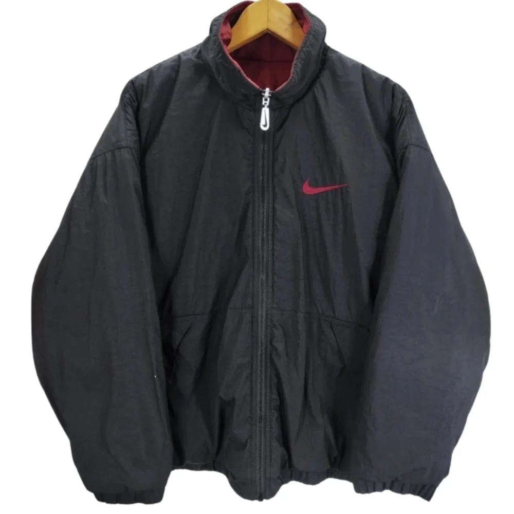 VTG Nike 90s Men's XXL Reversible Puffer Jacket Big Swoosh Logo Black/Burgundy